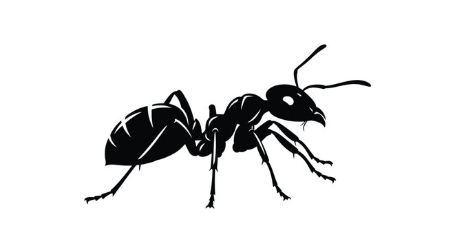 A detailed illustration of a black ant on a white background.