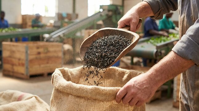 Factory worker using a wooden scoop to fill a burlap sack with dried black tea leaves