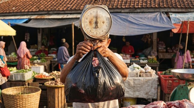 A street market vendor holding a scale and a black plastic bag of goods.