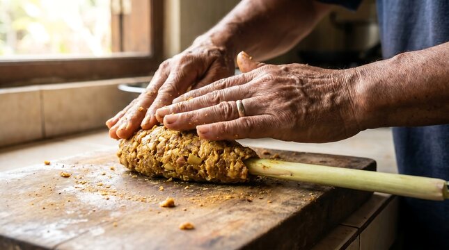 Chef preparing traditional Indonesian sate lilit on a lemongrass stalk.