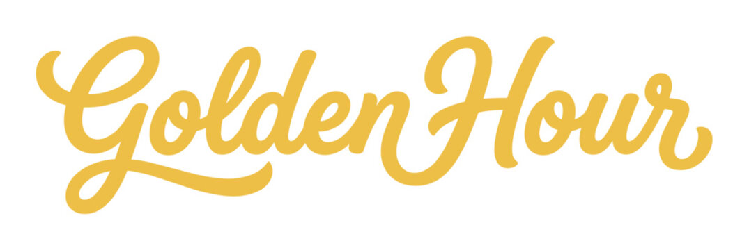 Golden Hour hand-drawn lettering with a smooth, flowing script font in a warm golden yellow color, vector illustration