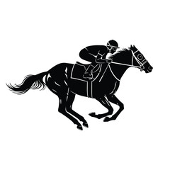 A jockey riding a horse at full speed in a horse race, depicted in silhouette.
