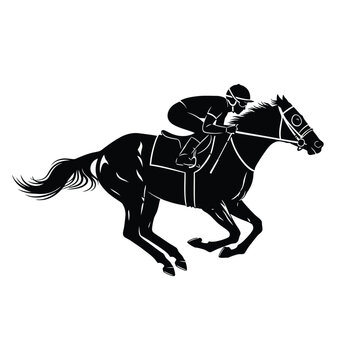 A jockey riding a horse at full speed in a horse race, depicted in silhouette.