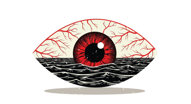 Surreal Red Eye Over Dark Water Illustration.