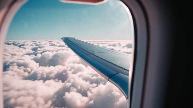 An eye-level view from the window of an airplane reveals the wing of the aircraft cutting through a sea of fluffy, cotton-like clouds, bathed in sunlight. 
