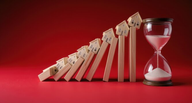 Miniature houses falling like dominoes next to an hourglass on a red background