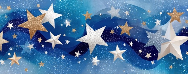 Naklejka premium Sparkling blue holiday background with glittering stars and festive gold accents across night sky