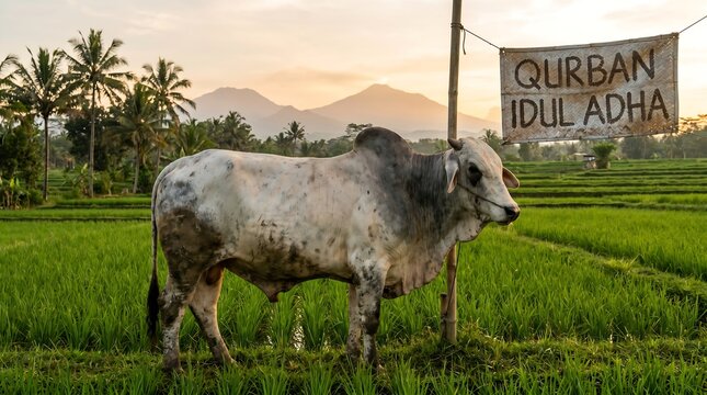 Sacrificial Cow Standing in a Lush Green Rice Field at Sunset.