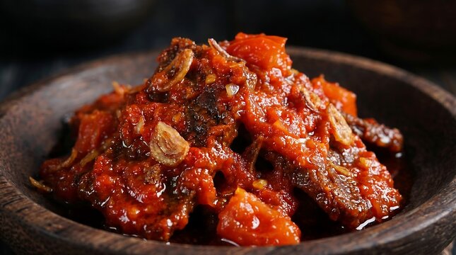 Spicy Indonesian Sambal Terasi with Fried Garlic in a Clay Bowl.