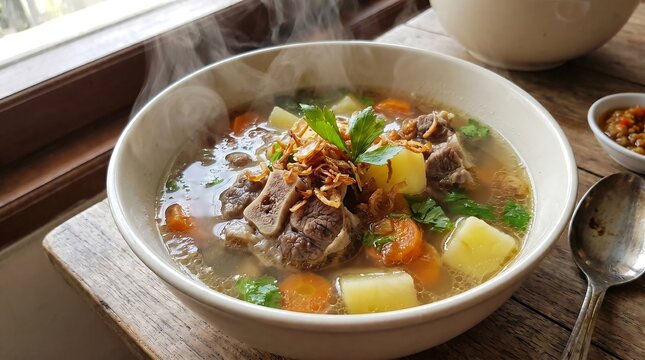 Steaming Hot Oxtail Soup with Vegetables and Fried Shallots.