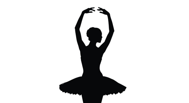 Silhouette of a ballerina in a tutu performing a graceful pose with arms raised above her head.