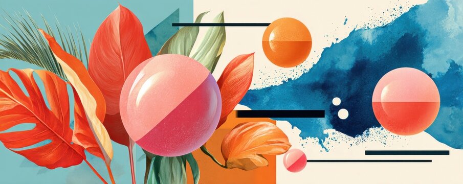 Colorful abstract digital artwork with tropical leaves and glossy spheres in modern composition