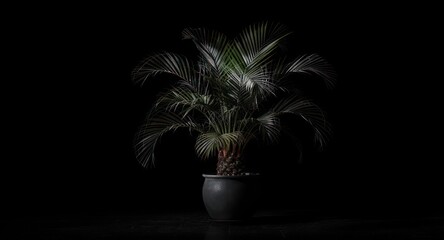 Obraz premium Potted palm tree illuminated against a stark black backdrop, creating a dramatic contrast