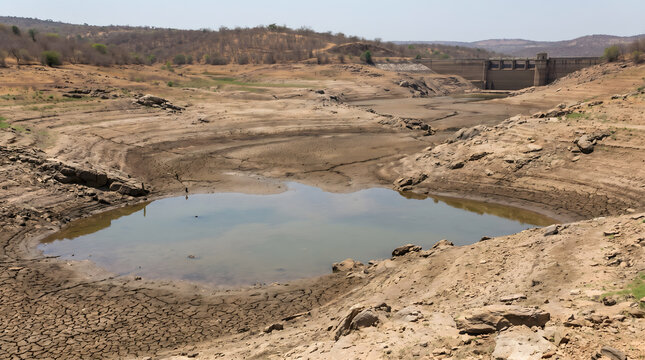 Low water reservoir after drought, Climate change water crisis, Barren watershed landscape, Dry hills and muddy pond, Environmental damage, Rural panorama