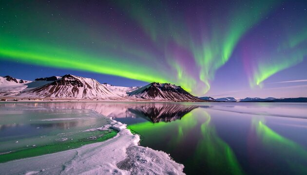 Vibrant Aurora Borealis Over Frozen Glacier Lake with Purple and Green Sky Reflections