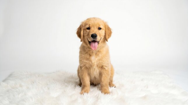 Adorable Golden Retriever Puppy Sitting Happily on a White Rug.
