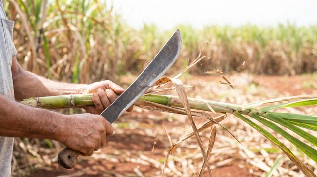 Sugarcane worker hands using a large curved machete knife to strip the dry leaves from a thick green stalk of raw sugarcane