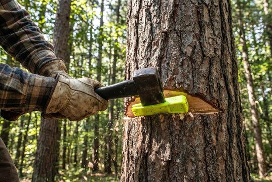 Lumberjack wearing heavy leather work gloves holding a metal wedge tool embedded in the cut notch of a large pine tree trunk
