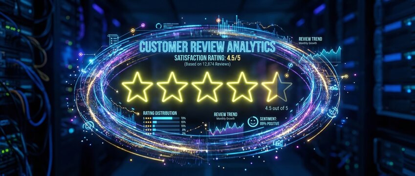 Holographic customer review analytics dashboard showing five-star ratings, satisfaction 4.5/5, sentiment and trend visualization overlaid on server room and network interface