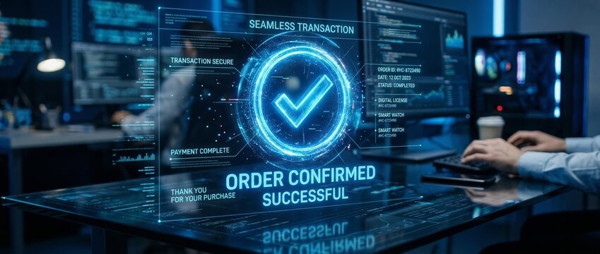 Futuristic holographic order confirmation display with glowing verification checkmark and Order Confirmed Successful overlay projected above a workstation in a cybersecurity center
