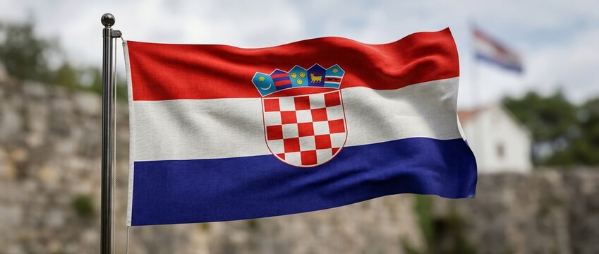 Waving Croatian national flag with red-white-blue tricolor and central checkerboard coatofarms on a flagpole outdoors, fluttering against cloudy sky and stone fortress