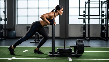 Naklejka premium Determined athletic woman pushing a heavy weight sled in a modern gym for a female empowerment and functional strength fitness concept