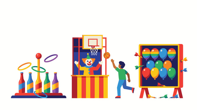 Carnival game set with ring toss basketball and balloon dart games. EPS Editable. Vector Illustrations.