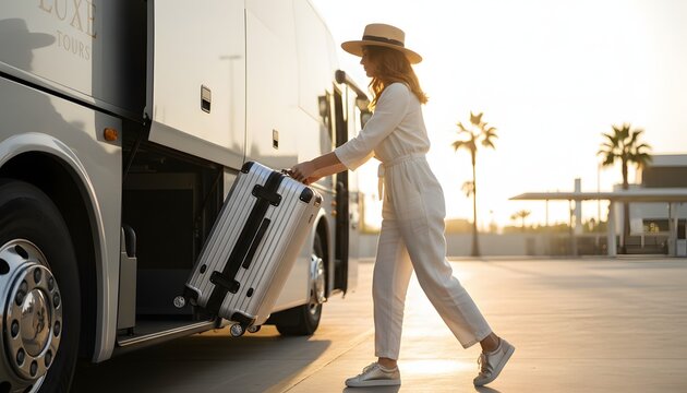 Stylish woman loading luggage in bus for a luxury tour at sunset, capturing the independent traveler and leisure tourism concept during golden hour for women travelers
