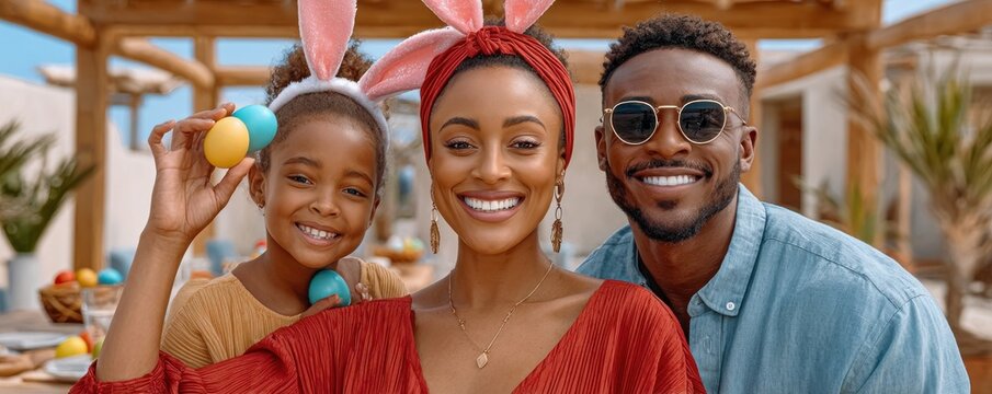 Family Easter portrait: smiling parents and daughter with bunny ears holding colorful eggs outdoors