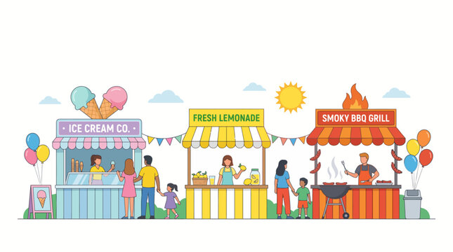 Summer outdoor food festival stalls with ice cream lemonade and barbecue. EPS Editable. Vector Illustrations.