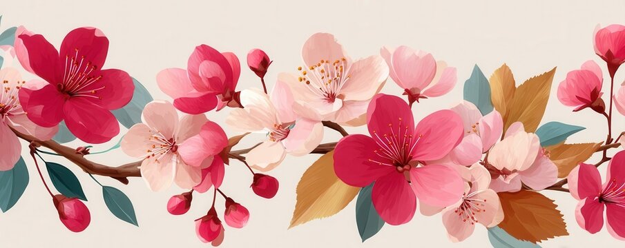 Pink cherry blossom floral border and frame with delicate spring flowers on white background