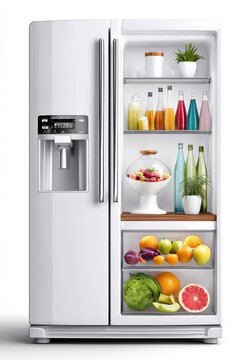 Modern white refrigerator with open door showing fresh fruit, beverages and organized shelves