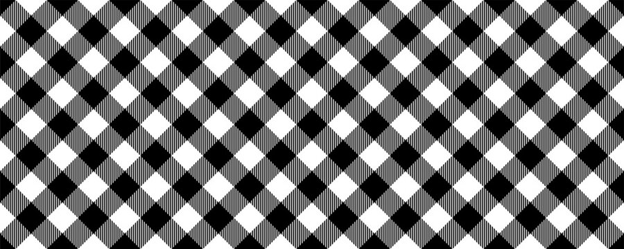 Seamless vector pattern featuring a black and white diagonal gingham buffalo plaid design