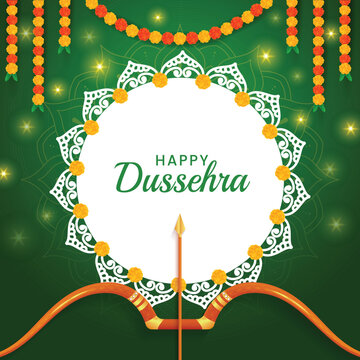 Indian festival Happy Dussehra with decorative props, vijaydashmi background, dussehra celebration greeting card, vector illustration