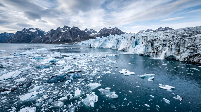 Melting glacier and sea ice, Climate change landscape, Global warming impact, Polar ice loss panorama, Frozen ocean wilderness, Environmental crisis background