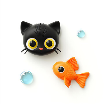 Top View 3D Black Cat and Goldfish with Bubbles Creative Elements, C4D Render for H5 Page Decoration and Mobile App Splash Screen Graphics