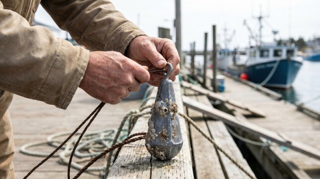 Fisherman hands tying rope to large lead fishing sinker covered in barnacles on dock