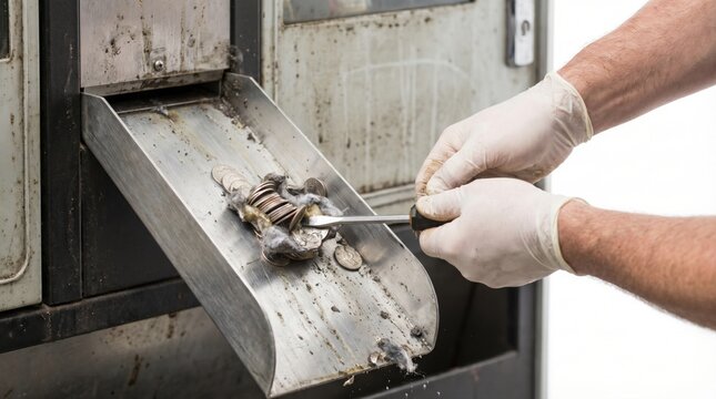 Technician wearing gloves using screwdriver to clear jammed coins and lint from laundry machine