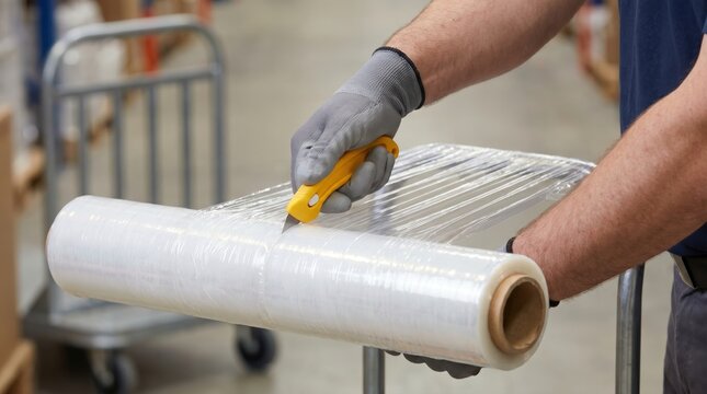 Warehouse worker wearing gloves using yellow safety knife to cut clear plastic shrink wrap roll