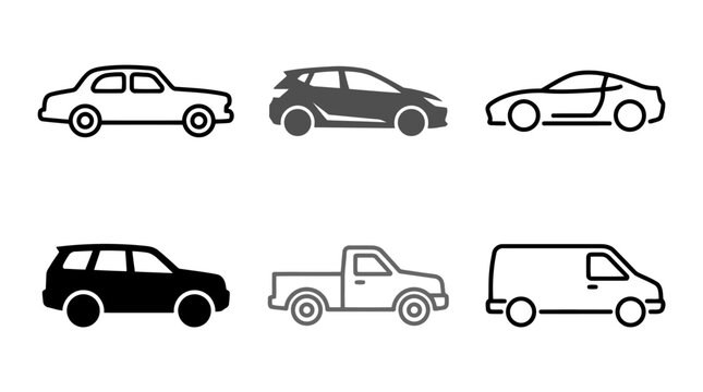 Six Modern Car Icons Set for Automotive Transport UI and Vehicle Rental App Design
