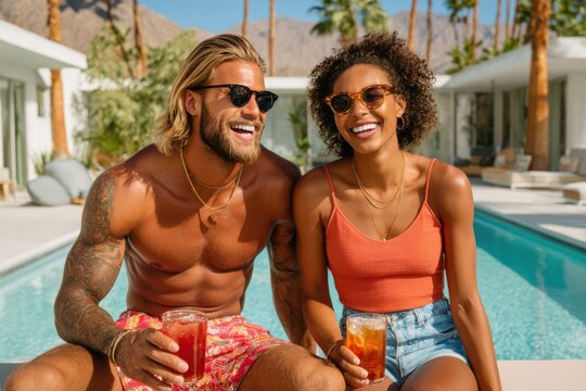 Happy young couple laughing by a pool with summer drinks on a sunny vacation day