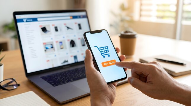 Person using smartphone with buy now button for online shopping next to laptop