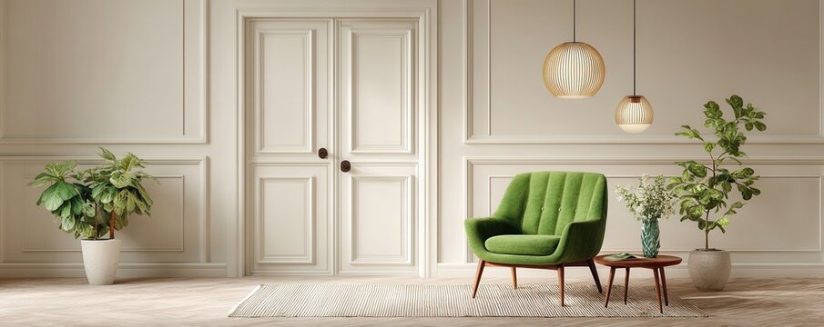 Bright classic living room with white interior doors, green armchair and modern pendant lights