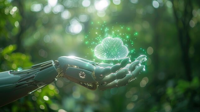 Robotic hand cradling a glowing cloud hologram in a sunlit forest with sharp focus for sustainable cloud computing and green technology marketing