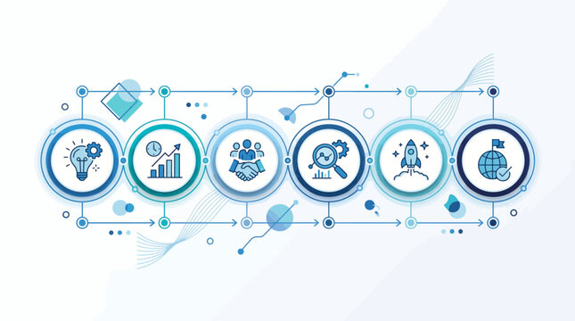 Horizontal six steps business workflow vector timeline infographic template