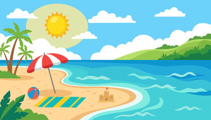 Obraz premium Summer Beach Vacation Landscape with Umbrella and Palm Trees - Flat Vector Illustration