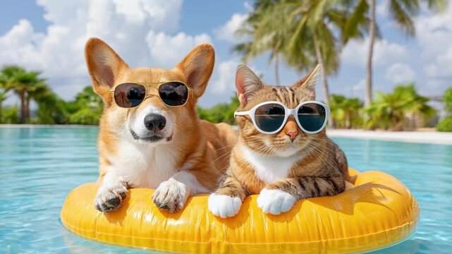 A cute Corgi dog and a tabby cat wearing sunglasses on a yellow float in a sunny tropical pool.