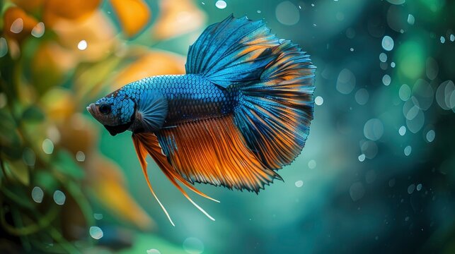 Siamese fighting fish with vibrant blue and orange fins swimming in a serene underwater garden with macro focus for professional pet care marketing