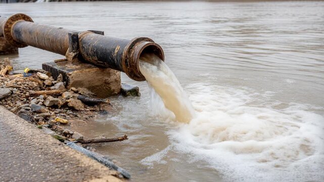 Dirty industrial wastewater flows from a large pipe into a river, creating foam and pollution.