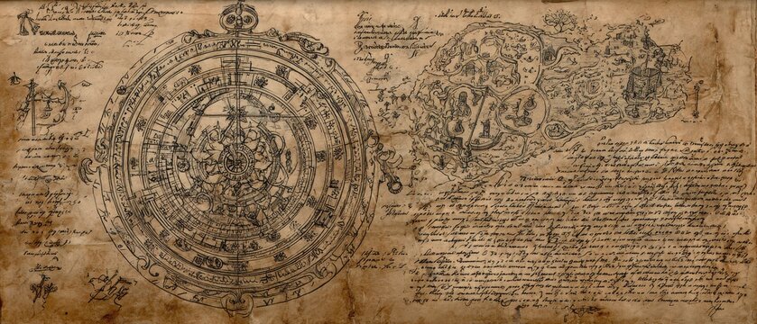 Intricate engraved antique sketch of an astrolabe and a map of a fictional "Gothic Kingdom," with unreadable text and symbols, on stained parchment. Detailed linework